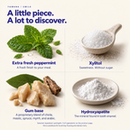 Ingredient illustrations: extra fresh peppermint, xylitol, a proprietary blend of chicle, mastic, spruce, myrrh, and arabic for the gum base, and hydroxyapatite, the mineral found in tooth enamel. Not a substitute for brushing, flossing and dental visits.