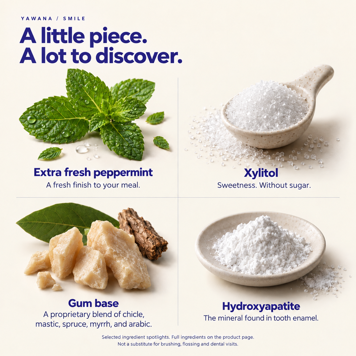 Ingredient illustrations: extra fresh peppermint, xylitol, a proprietary blend of chicle, mastic, spruce, myrrh, and arabic for the gum base, and hydroxyapatite, the mineral found in tooth enamel. Not a substitute for brushing, flossing and dental visits.
