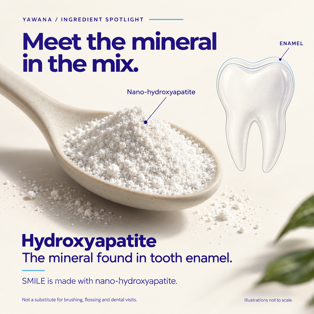 Hydroxyapatite, the mineral found in tooth enamel. SMILE is made with nano-hydroxyapatite. Illustrations not to scale. Not a substitute for brushing, flossing and dental visits.