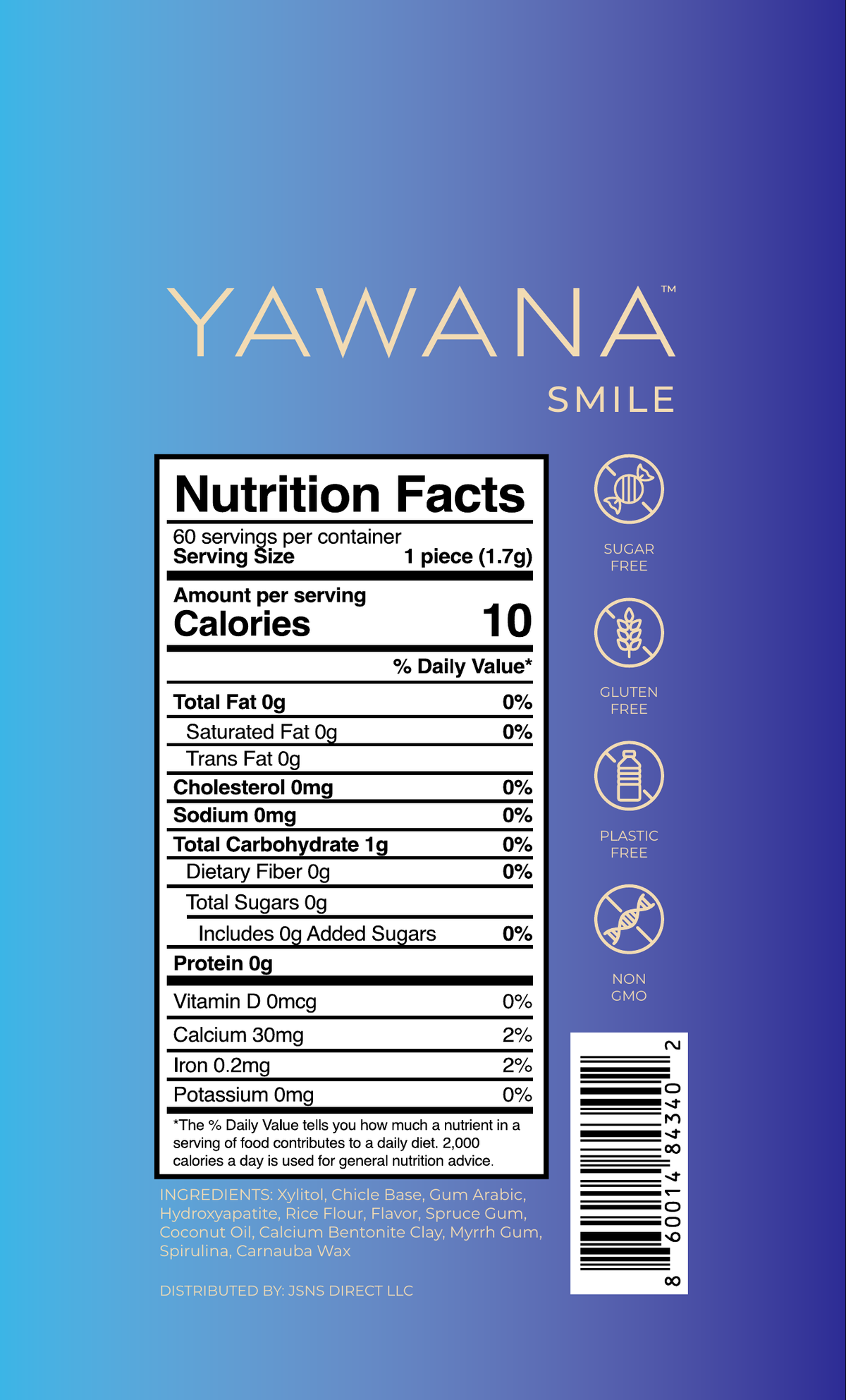YAWANA SMILE back label artwork with nutrition facts and full ingredient statement